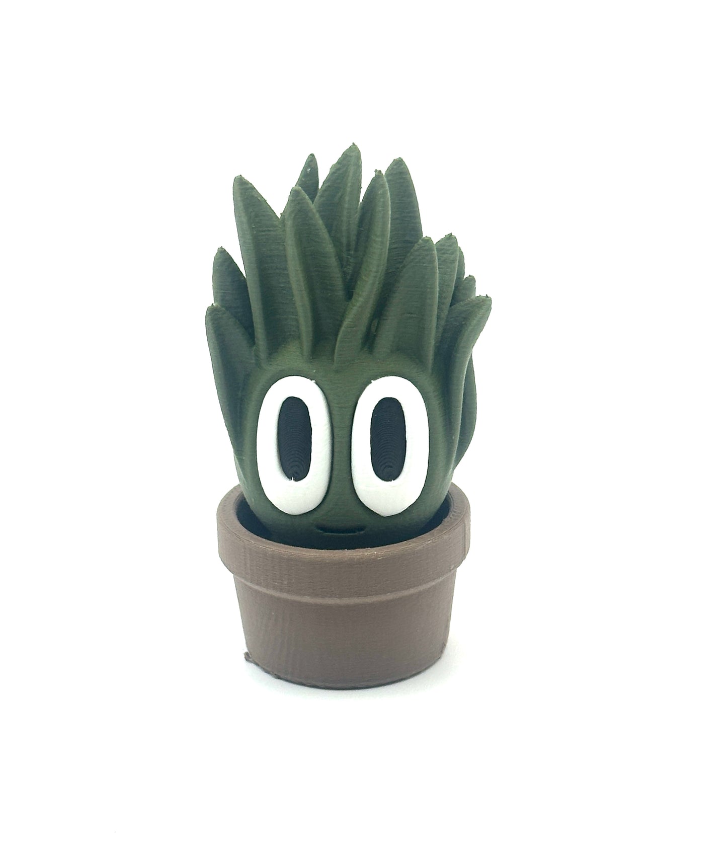 Green cartoon-style plant with large eyes in a pot on a white background