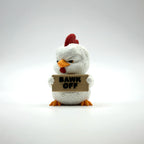 Bawk Off Rooster 3D printed desk buddy holding its sign, front view