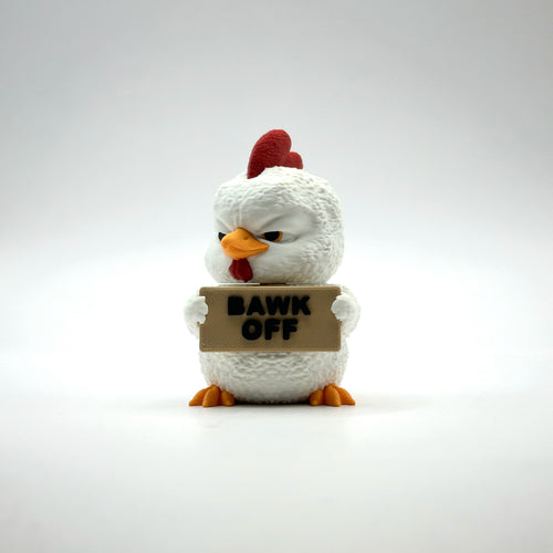 Bawk Off Rooster 3D printed desk buddy holding its sign, front view