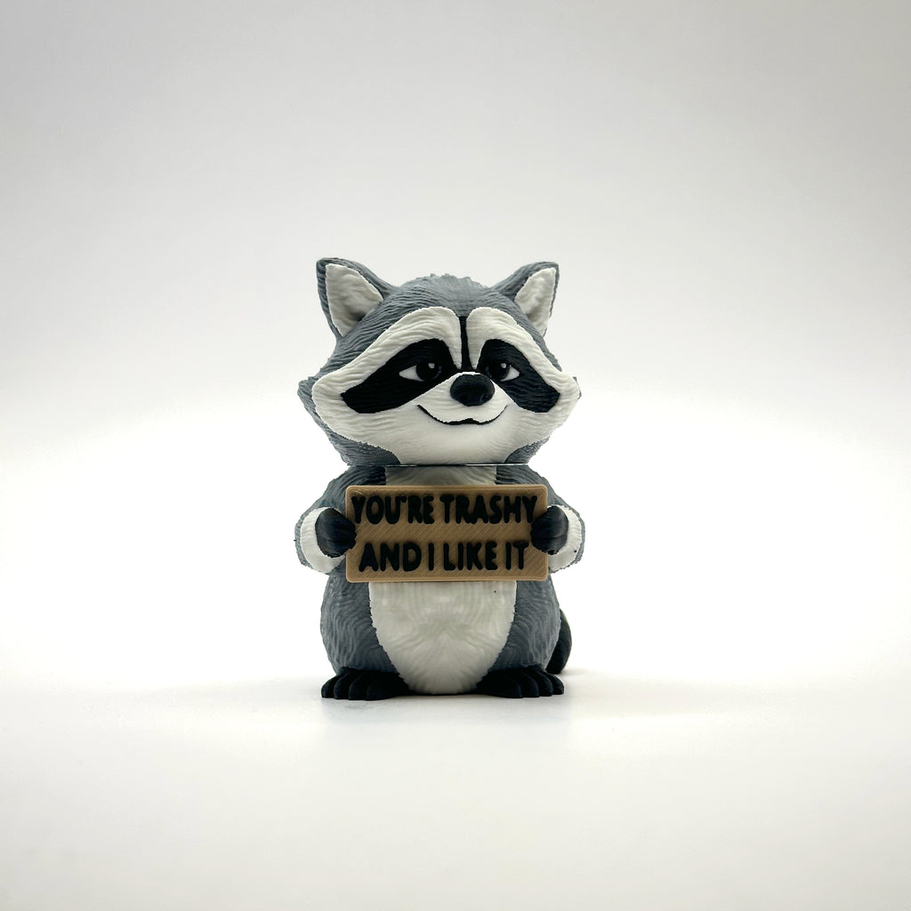You're Trashy and I Like It Raccoon 3D printed desk buddy holding its sign, front view