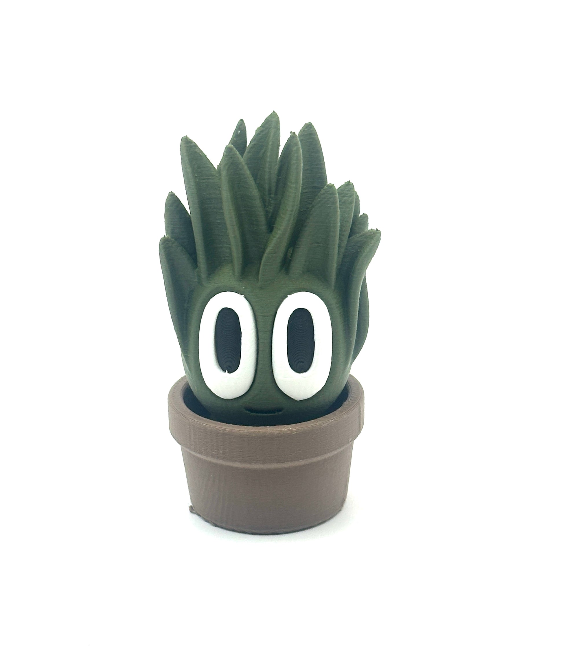 Green cartoon-style plant with large eyes in a pot on a white background