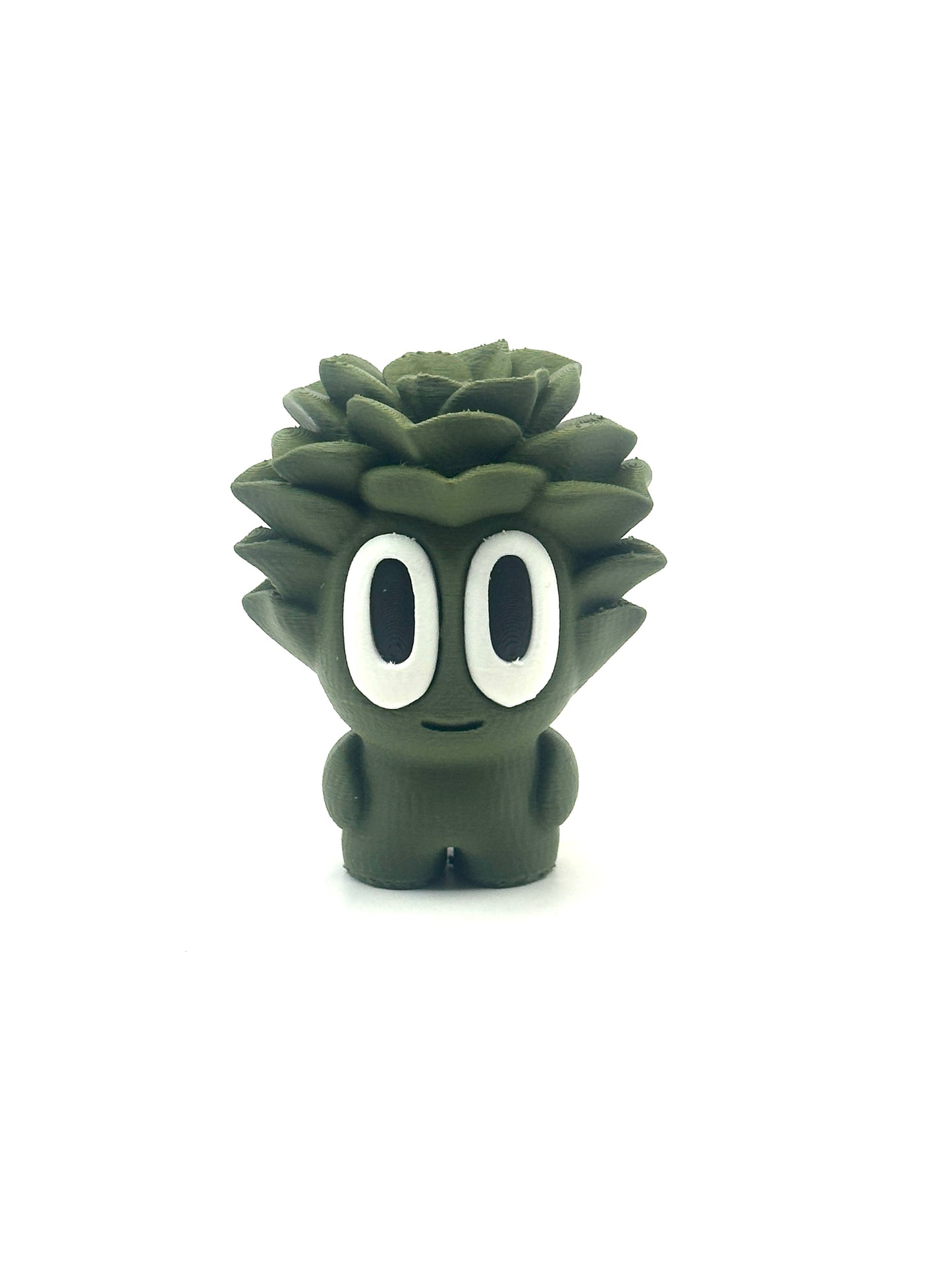 Green cartoon character with large eyes on a white background