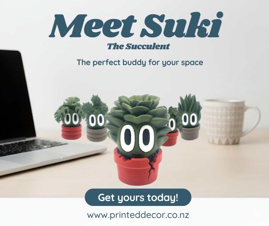 Promotional image of a succulent plant with cartoon face on a desk next to a laptop, with text about 'Meet Suki The Succulent' and a call to action.