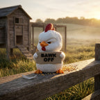 Bawk Off Rooster desk buddy in a rustic farmyard at sunrise — lifestyle scene