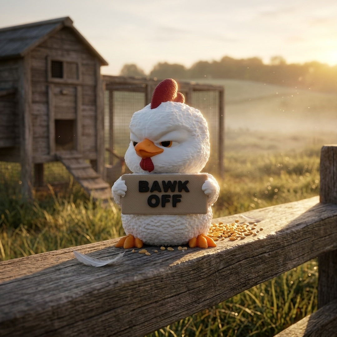 Bawk Off Rooster desk buddy in a rustic farmyard at sunrise — lifestyle scene