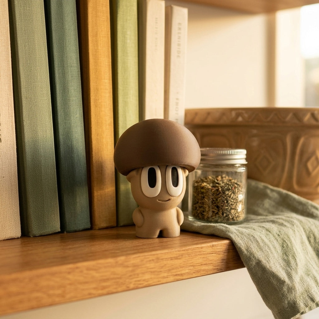Brown Cap Mushroom Desk Buddy desk buddy in a cosy NZ home setting