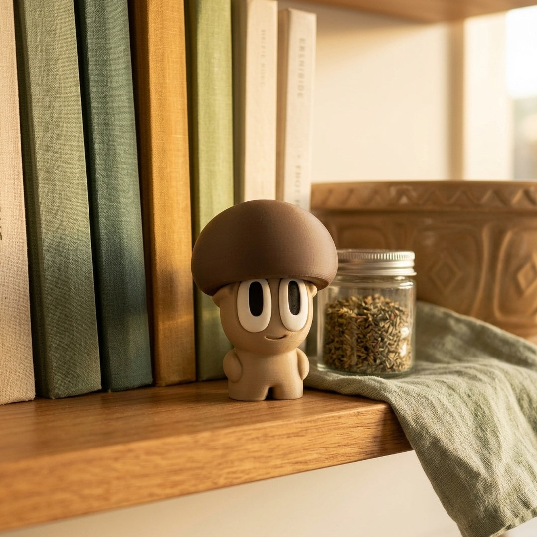Brown Cap Mushroom Desk Buddy desk buddy in a cosy NZ home setting