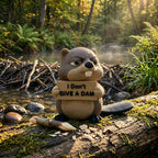 I Don't Give a Dam Beaver desk buddy in a woodland riverbank dam — lifestyle scene