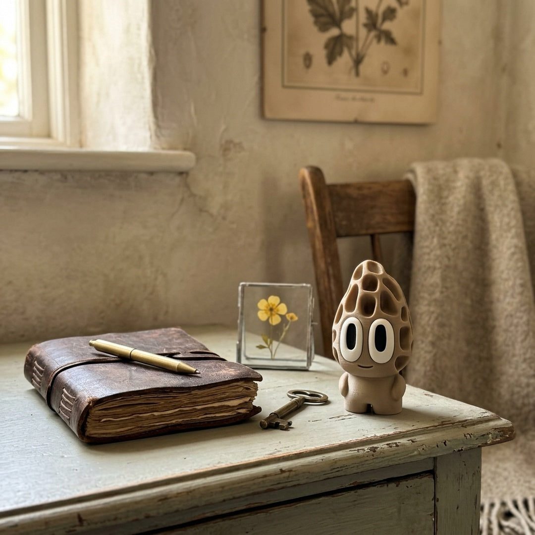 Morel Mushroom desk buddy in a cosy NZ home setting