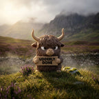 Udderly Done Highland Cow desk buddy in a misty Scottish highland glen — lifestyle scene