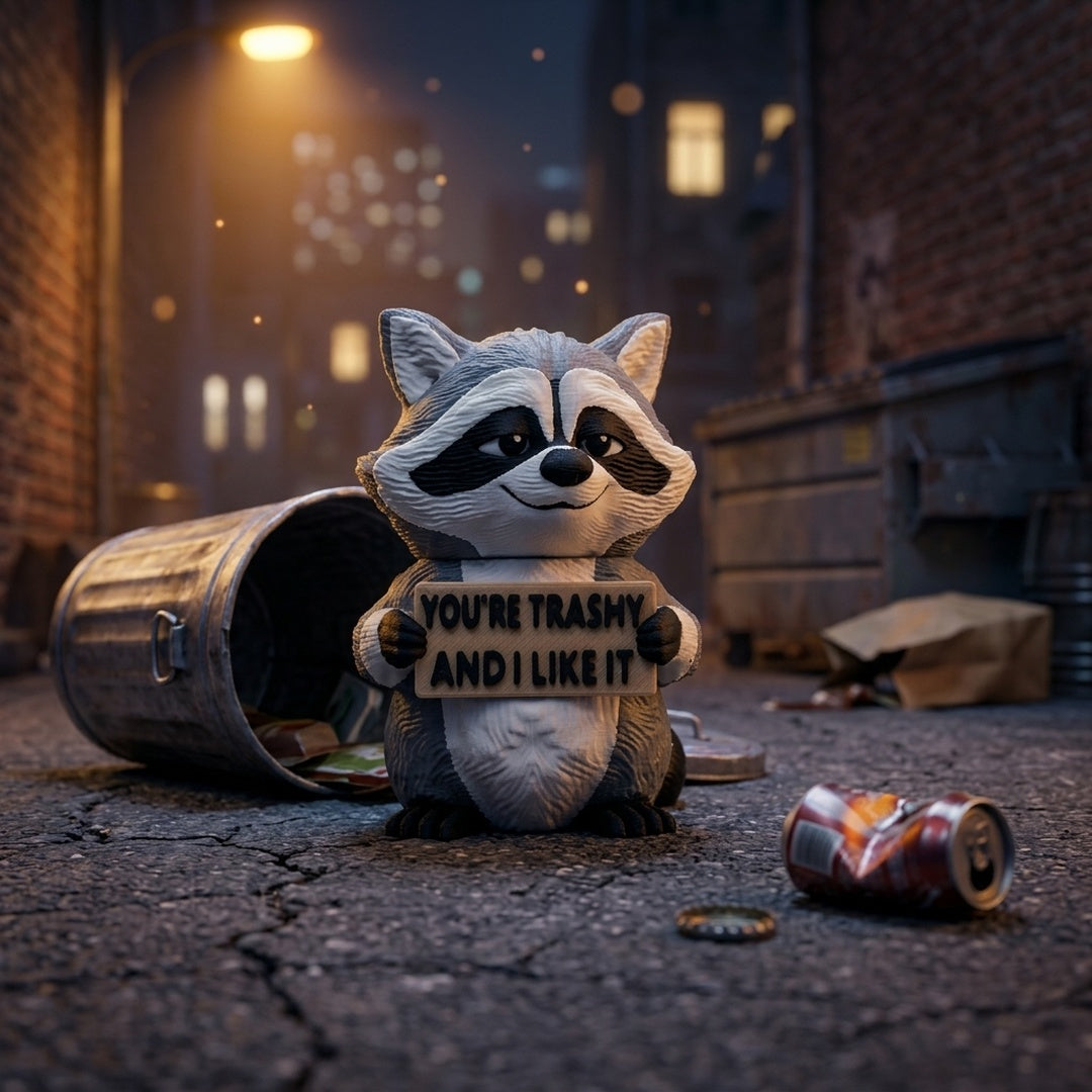 You're Trashy and I Like It Raccoon desk buddy in a cosy night alley — lifestyle scene